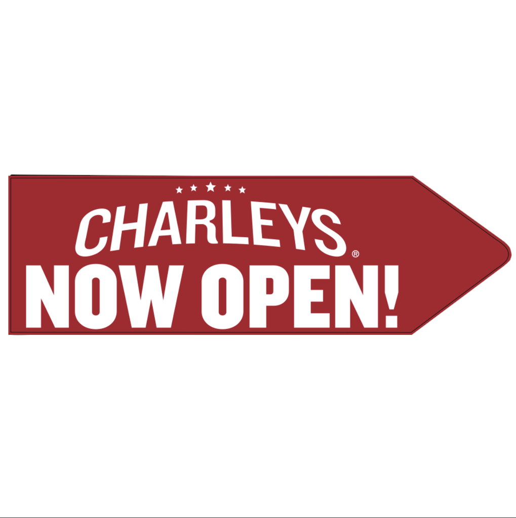 55" X 17" Charleys Red Now Open Arrow Spinner Sign 